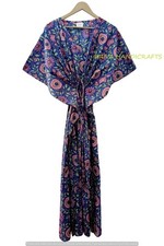 Abito donna blu stampa floreale zingara indiana cotone caftano accappatoio pi...