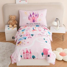 4 Pcs Twin Bedding Set for Girls Pink Castle Kids Bed in A Bag Comforter Set ...