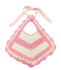 Vintage Handmade Crochet Baby Doll Bib Stripe Pink White Scallop Edge Ribbon Tie