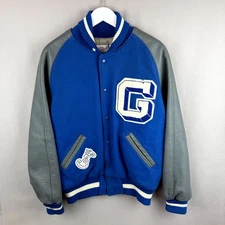 VTG 80s Ripon Varsity Jacket Mens 44 Blue Quilted Lined G Patch Snap Front Cory