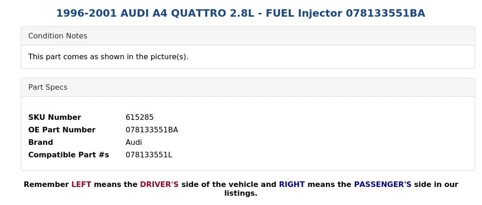 Audi A4 Quattro 1996-2001 2,8 L - Inyector de combustible 078133551BA Foto 3 de 4