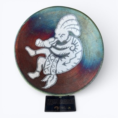 1980s Jeremy Diller Pottery Iridescent Raku Kokopelli Signed Plate Wall Hanging