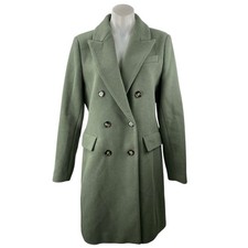 Mango MNG Army Green Wool Blend Long Sleeve Double Breasted Trench Coat Jacket L