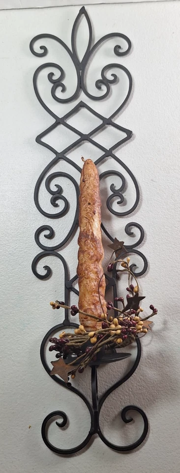 Primitive Wrought Iron Wall Candle Sconce Holder Hanging Wall Black Berries Tin - Image 2 of 4