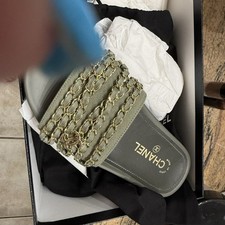 CHANEL RESORT 17 Chain Slide Mule Army Gold Sandals Dangle CC Logo Size 36