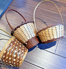 Vintage 3pc Small Tan  Brown Woven Wicker Long Handle Round Baskets Decor