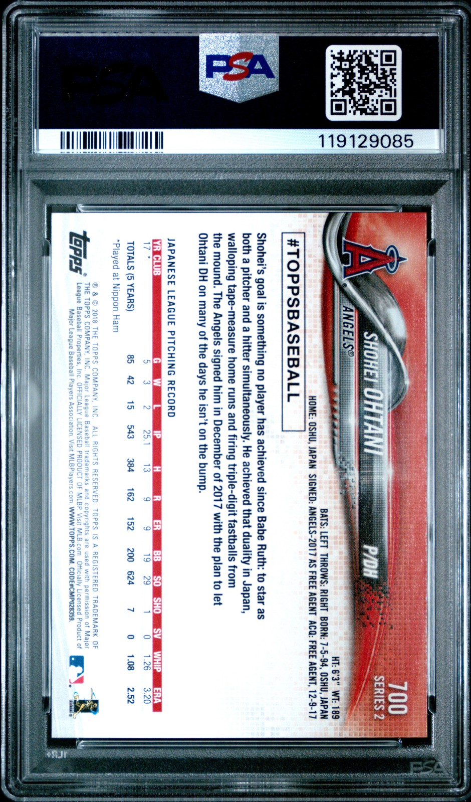 2018 TOPPS PITCHING #700 SHOHEI OHTANI ROOKIE RC PSA 10 view 2