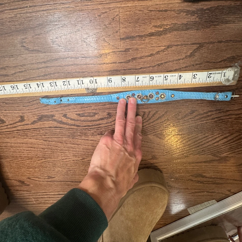 Collar de perro de cuero brillante vintage con estrás flor anillo en D ajustable 14 pulgadas Foto 3 de 4