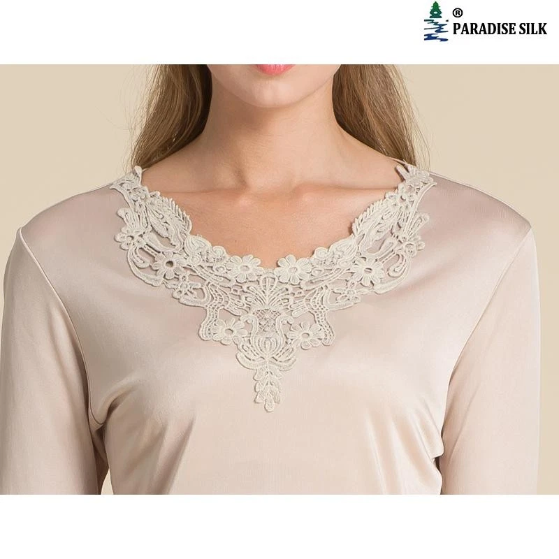 100% Silk Knit Women Lace V Neck Long Sleeve Vest Top Blouse - Image 2 of 3