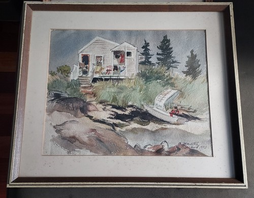 Ocean coastal cottage boat watercolor signed Moulton New England 1940 - Picture 1 of 3