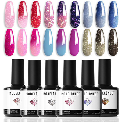 Mood Gel Nail Polish Set, 6 Color Changing Gel Polishes, Red Blue Glitter