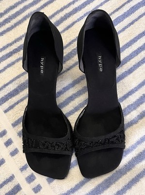 Hype Black Strappy Square Toe Slip-On Heel Beaded Lace Accents Women 6
