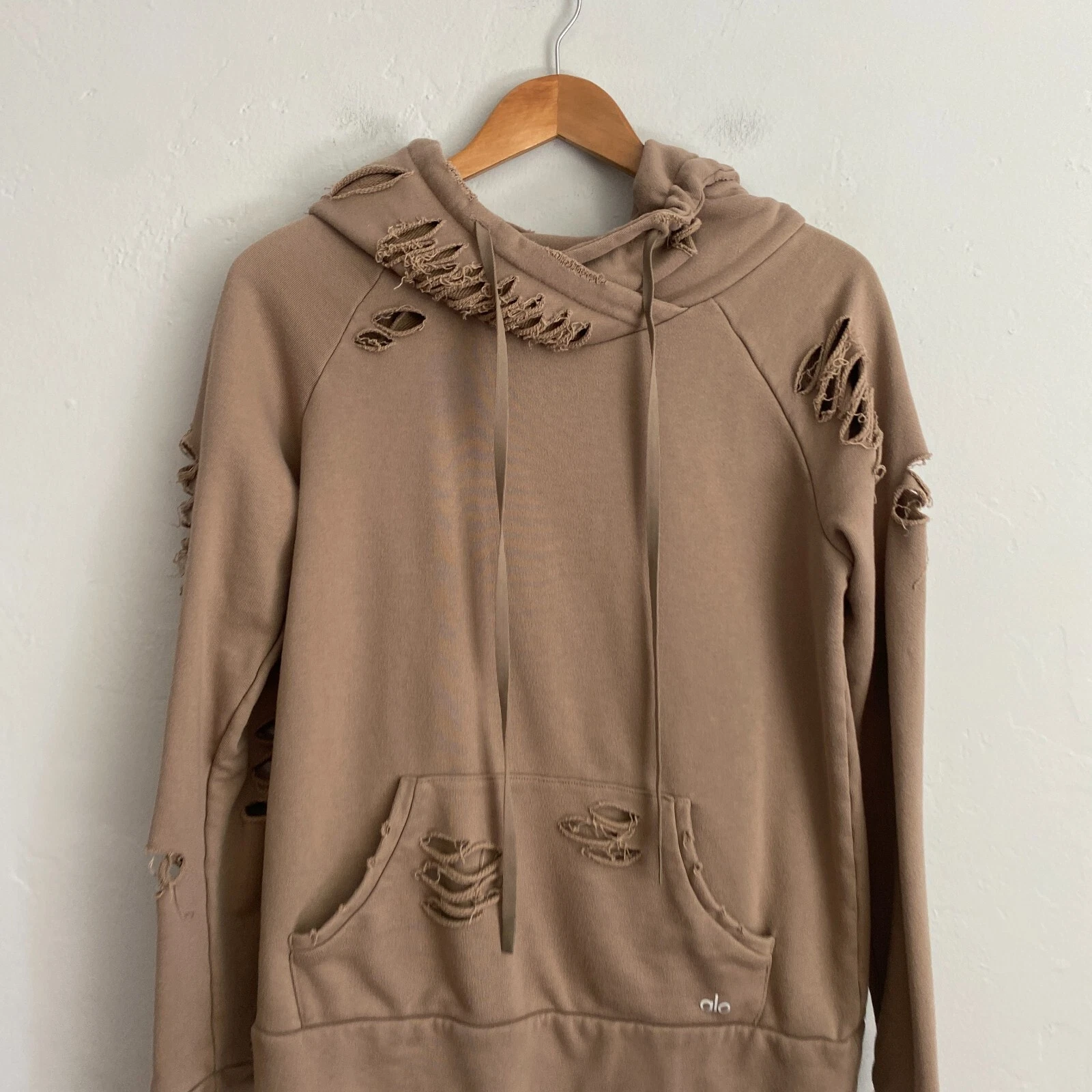 alo-yoga distressed pullover taupe gravel hoodie