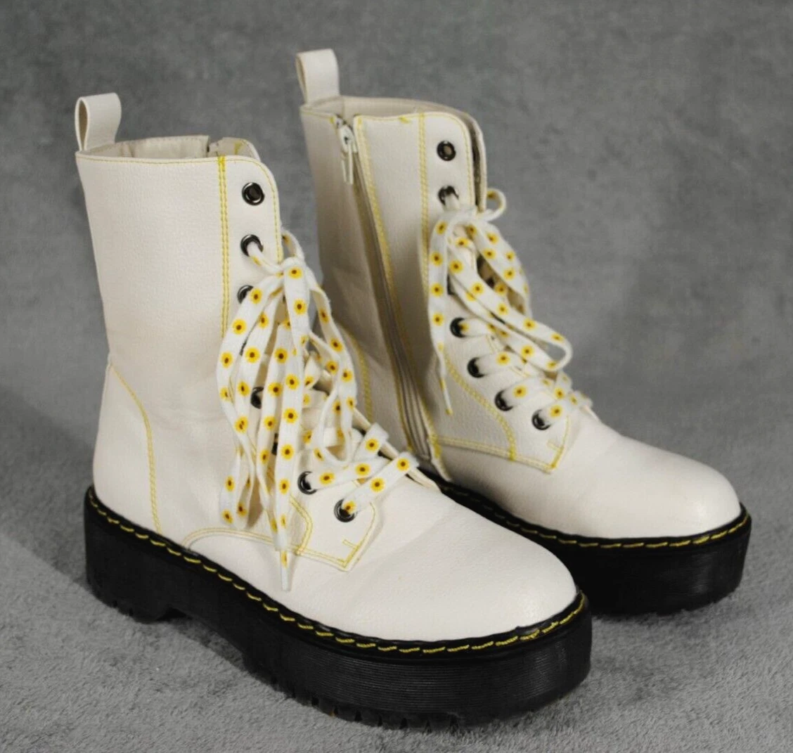 Unionbay Combat Boots Womens Size US 7 White Yellow Sunflower Lace