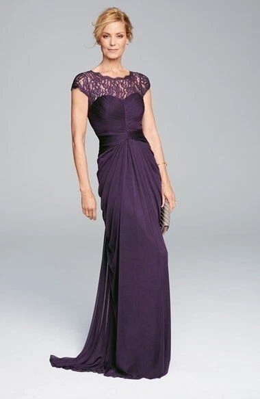ADRIANNA PAPELL Purple Eggplant Plum Sheer Lace Yoke Drape Gathered Maxi Gown 8 - Image 2 of 4