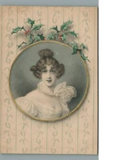 BEAUTIFUL WOMAN IN MIRROR, CHRISTMAS HOLLY, FRENCH ART, R. WICHERA, POSTCARD