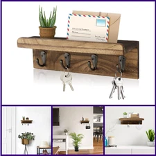 Rustic Key Holder for Wall, Farmhouse Shelf with 4 Hooks, Wall  Mail Organizer