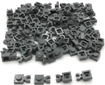 Lego 100 New Dark Bluish Gray Plates Modified 1 x 1 with Open O Clip Thick Parts