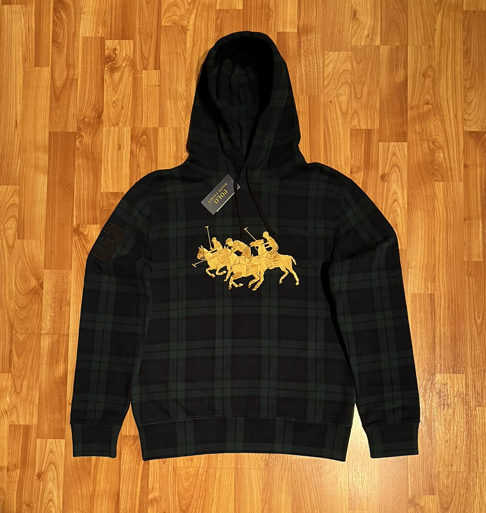 NUOVO OROLOGIO NERO DA UOMO M XXL POLO RALPH LAUREN TRIPLO PONY TARTAN PILE