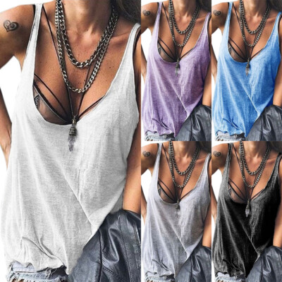 #ad Women Low Cut Vest Tank Top Ladies Casual Loose Solid Sleeveless T Shirt Blouse $20.06