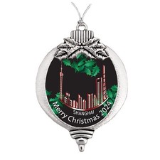 Shanghai City Skyline Vacation 2024 Silver Metal Bulb Christmas Ornament Gift