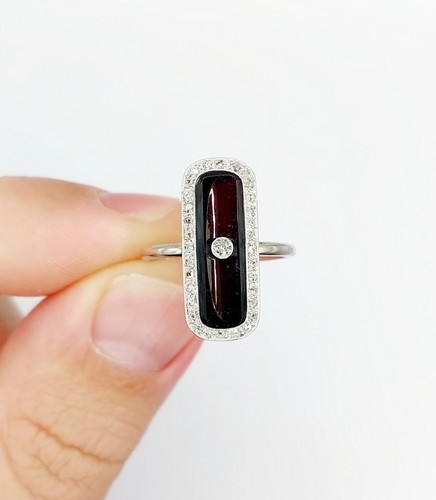 Anillo marquesa art deco oro blanco 18k placa de ónix y diamante (alrededor d... - Imagen 8 de 10