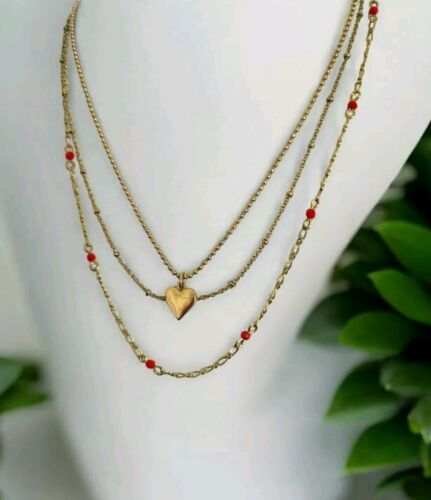 Vintage Signed Avon Gold Plated Necklace Puffy Heart & Red Bead Station Stack