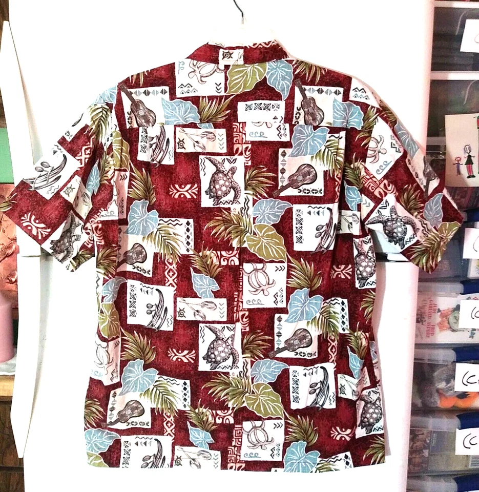 CAMISA HAWAIANA VINTAGE HOMBRE ROYAL CREATIONS KAYAK UKELELE HOJA TORTUGA TALLA L Foto 2 de 3