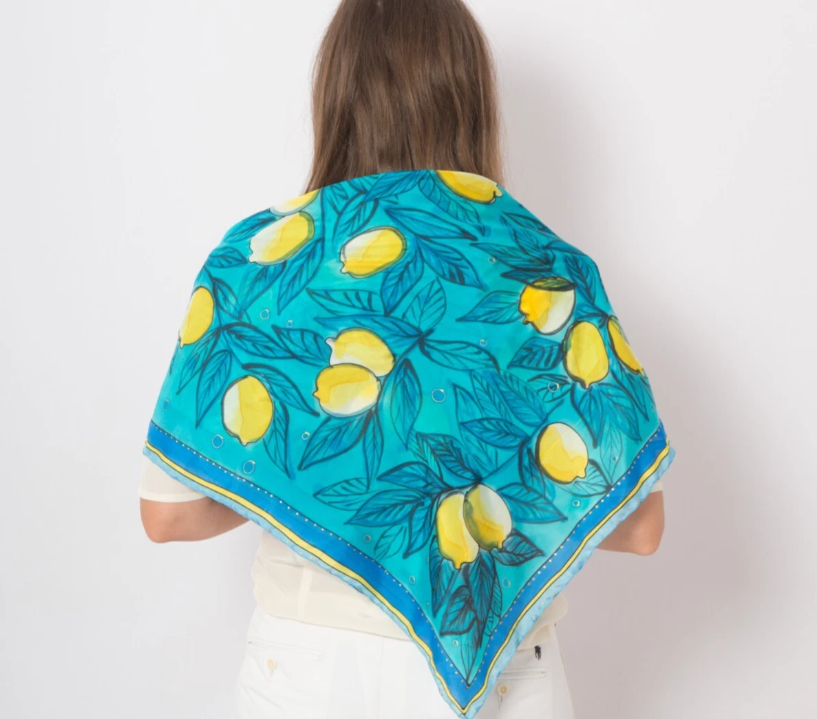 Lemon Summer Hand Painted Silk Head Scarf Blue Scarf Lemon Amalfi Gift 35X35