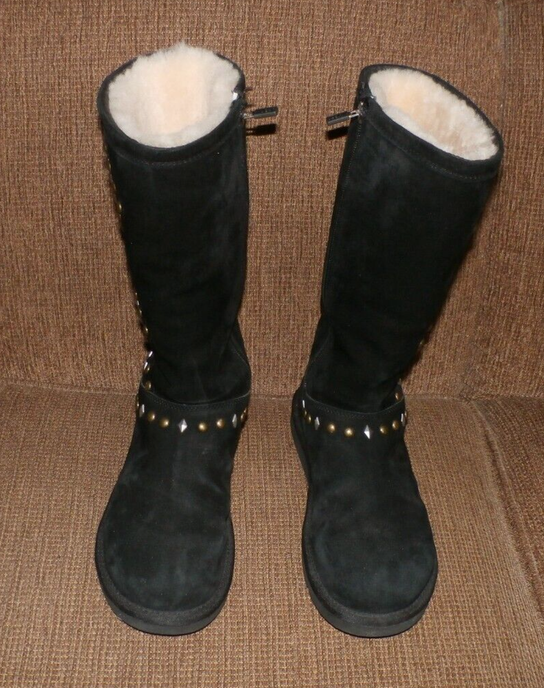 Women's size 9 UGG Avondale Black Suede Gold & Silver Studded Shearling Boots