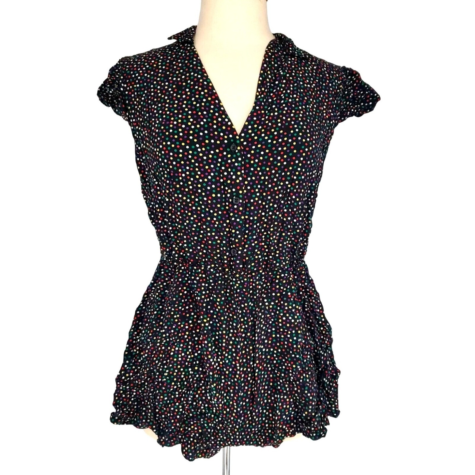Xhilaration Romper Shorts Colorful Polka-dot Button-Front Ruffle Short Sleeves-image