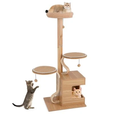 COSTWAY Wooden Cat Tree 129cm Tall Cat Tower Cat Climbing Gurniture w/ Cat Condo