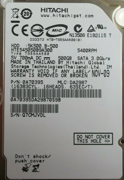 Hitachi Travelstar 500GB 2.5" SATA 5.4K 3Gb/s Hard Drive HDD HTE545050B9A300 - Image 2 of 4