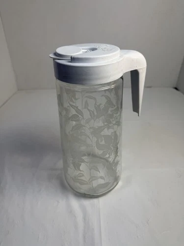 Vintage Tang Anchor Hocking Glass Refrigerator Pitcher w Lid White Floral