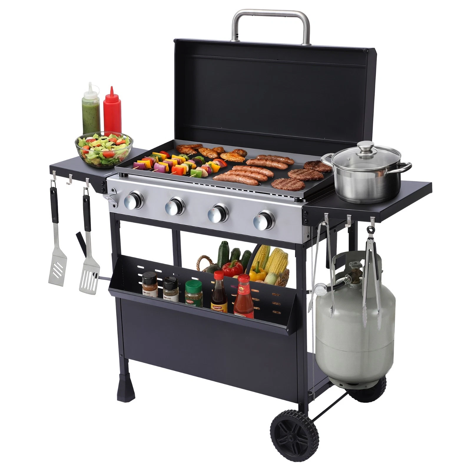 4-Burner Propane Gas Griddle with Removable Standing Cart Enameled Cast Iron Pan