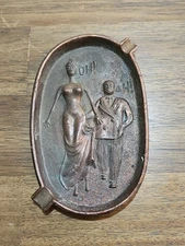 VINTAGE METAL COPPER  ASHTRAY OH! DOUBLE-SIDED MAN TOUCHY WOMEN ART DECO 