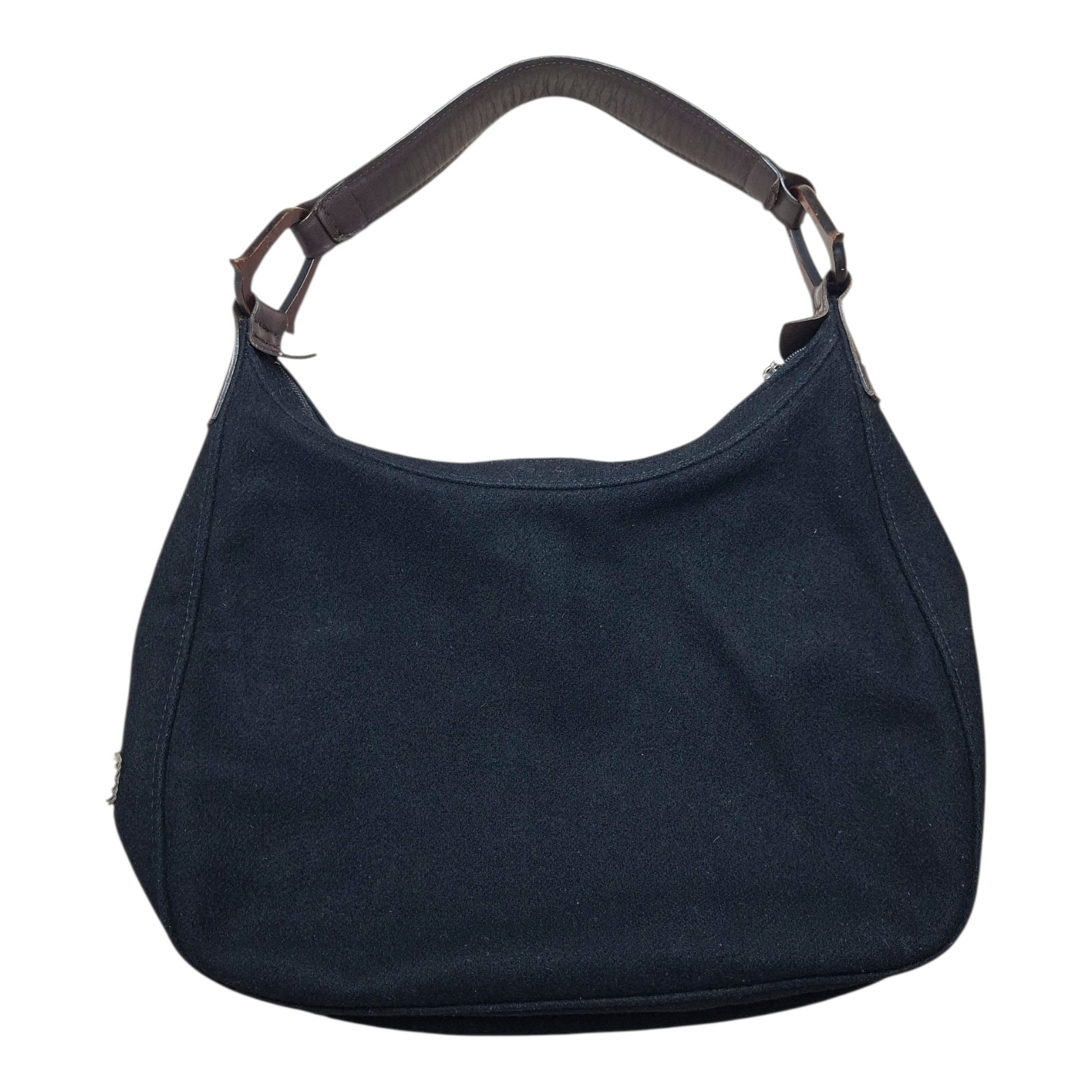 Rare VINTAGE Longchamp Hobo Bag Black Wool Felt Brown Leather Cutout France image 3