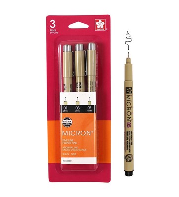 Micron Pen Set, 3-Pens, .25, .35, .45 Fine Line Black Noir Pigma Ink Pen