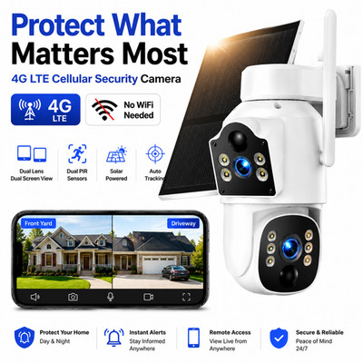 Wireless Solar Security Camera 4G LTE SIM Dual Lens PTZ 360° 2K Outdoor No WiFi