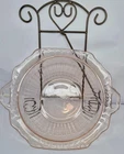 Vintage Pink Depression Glass Serving Bowl with Handles Etched Floral Design