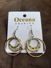 OCEANA TRADING Metal EARRINGS DANGLE Tricolor Hoops Circles Rose Gold Tone Light