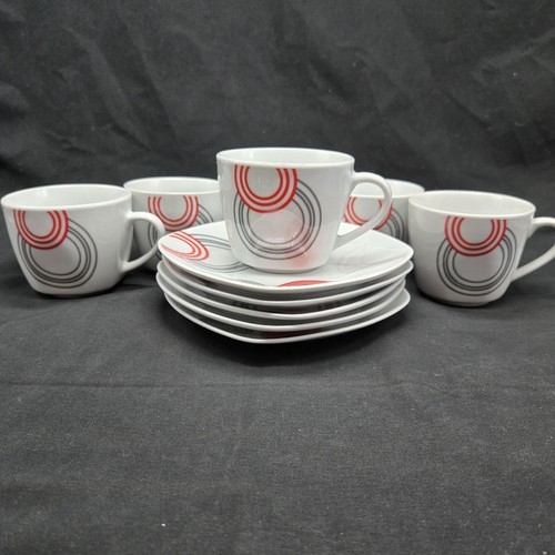Cup Saucer Set 5 Modern Circle Square Graphic Red Gray White Tea Coffee Cafe - Picture 7 of 9