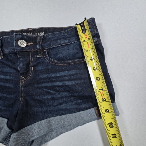 Express sz 2 Cuffed Denim Shorts Womens Jeans Short Rolled Hem Stretch Dark Wash - Picture 6 of 7