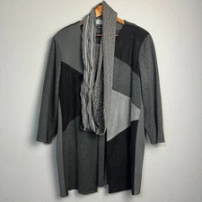 Ming Wang Women's XL Gray Colorblock Patchwork Knit Jacket Scarf Med Pants Set