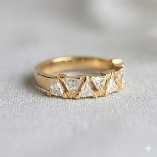 Trilliant Cut Half Eternity Diamond Stack Wedding Band Ring in 14K Yellow Gold