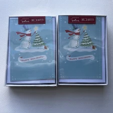 Lot -Two  Boxes Holiday Cards Blue Snowman Tree 16 Cards Hallmark Christmas NEW