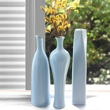 3 Pack Light Sky Blue Small Ceramic Vase Set for Home Decor, Shelf, Kitchen
