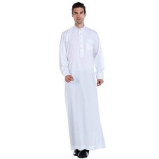 Men Arabic Long Sleeve Pure Color Thobe Crew Stand Collar Kaftan Robe with