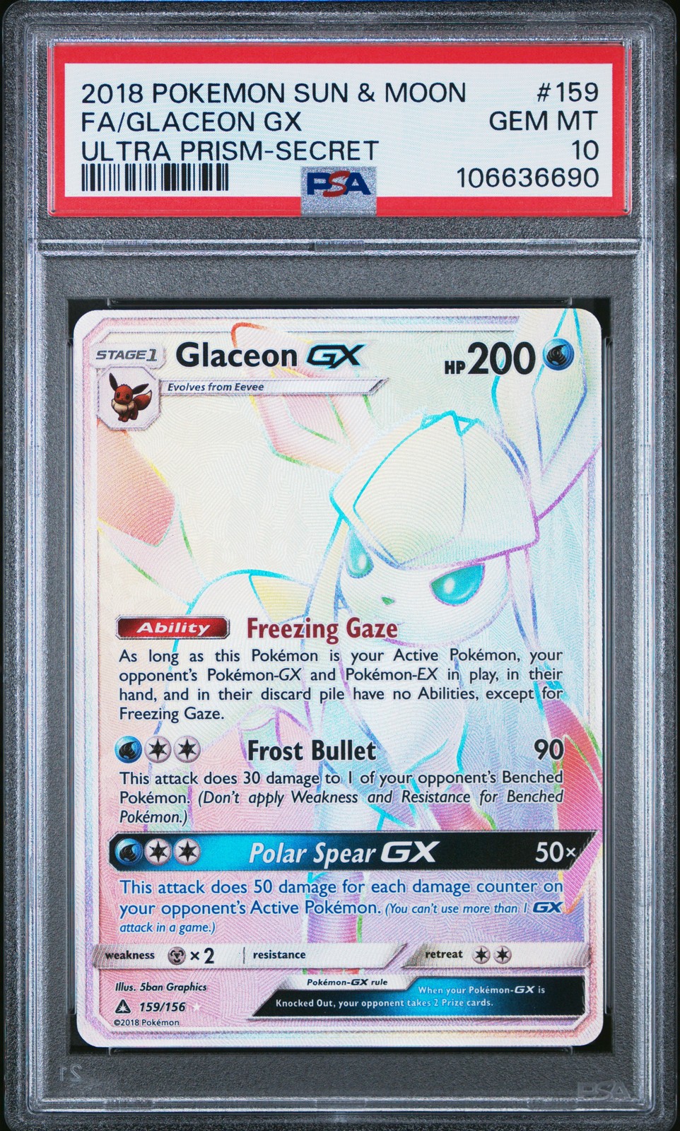 2018 POKEMON SUN & MOON ULTRA PRISM SECRET #159 FULL ART/GLACEON GX PSA 10