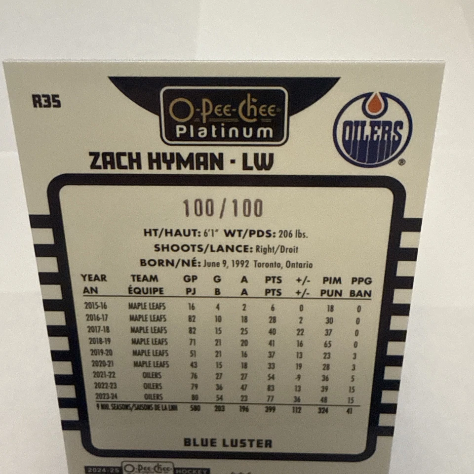 2024-25 OPC Platinum Zach Hyman Blue Luster 100/100 Card #R35 LAST PRINT 🔥🔥 - Image 4 of 4